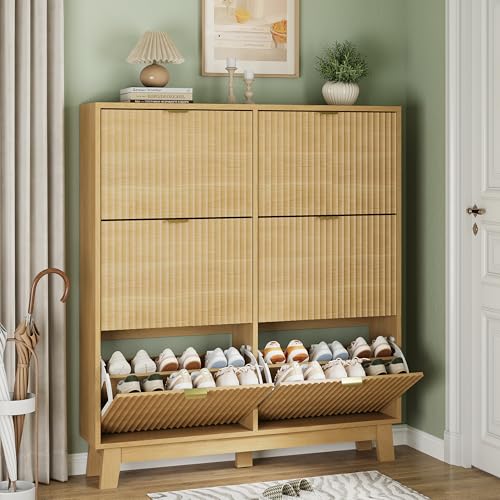 Xixini Shoe Cabinet with 6 Flip Drawers, 54" Tall Narrow Fluted Shoe Storage Organizer for Entryway, Hidden Slim Wooden Shoe Rack Cabinet for Front Door Entrance, Hallway, Living Room, Natural Oak - color: Natural Oak, size: 6 Flip Drawers