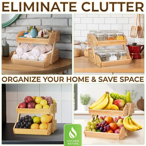Fruit Basket with Banana Hanger - 2-Tier Bamboo Storage Organizer | Golden Nature space-saving stand holder bowl keeps fruits and vegetables organized, visible, and within easy reach