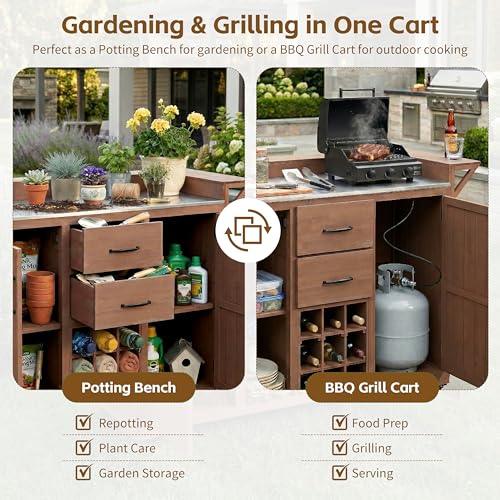 Modern 60.2''W Outdoor Kitchen Island with Wheels, Rolling Patio BBQ Kitchen Cart with Stainless Steel Top, Wood Grill Cart with Spice Rack&Wine Rack,2 Drawers, Brown - style: Brown