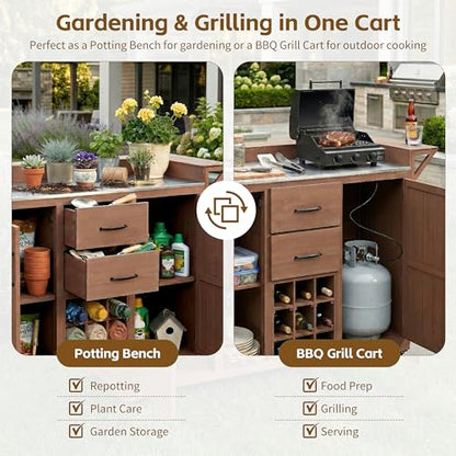 Modern 60.2''W Outdoor Kitchen Island with Wheels, Rolling Patio BBQ Kitchen Cart with Stainless Steel Top, Wood Grill Cart with Spice Rack&Wine Rack,2 Drawers, Brown - style: Brown