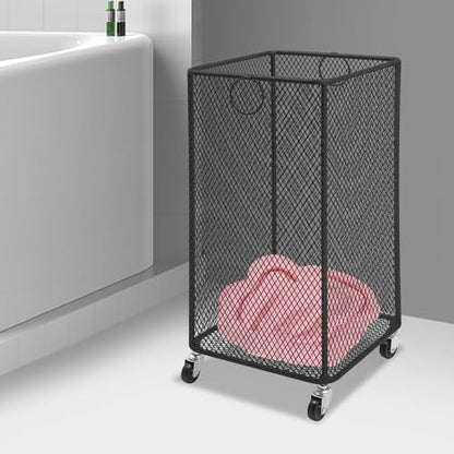 Rolling Laundry Basket, Large Capacity Metal Laundry Hamper with Wheels, Heavy Duty Iron Mesh Hamper Cart for Home Bathroom Bedroom Laundry Room (Black, Square) - color: Black, size: Square