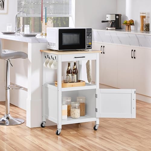 Yaheetech Kitchen Island Cart with Storage, Rolling Kitchen Island on Wheels with 6 Side Hooks, Wood Top Microwave Cart with Drawer for Dining Room, White - color: White