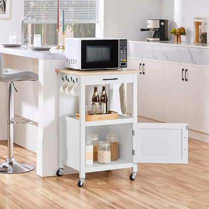 Yaheetech Kitchen Island Cart with Storage, Rolling Kitchen Island on Wheels with 6 Side Hooks, Wood Top Microwave Cart with Drawer for Dining Room, White - color: White