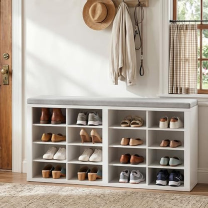 AMONIDA Shoe Storage Bench with Cushion, Entryway Bench with 16 Cubbies, 4-Tier Organizer Bench with Removable Dividers for Hallway Living Room - color: White + Light Grey