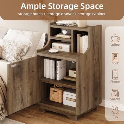 4ever2buy Oak Nightstand with Storage, 30" Tall Night Stand with Hutch | Farmhouse Tall Bedside Table End Table for Bedroom Living Room Sofa Office, Oak - color: Oak
