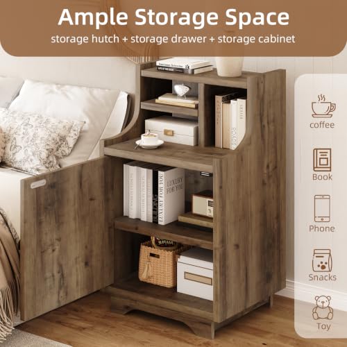 4ever2buy Oak Nightstand Set of 2, 30" Tall Night Stand with Hutch | Farmhouse Tall Bedside Table End Table for Bedroom Living Room Sofa Office, Storage Cabinet, Oak - color: Oak