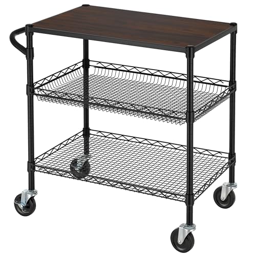 Finnhomy 3 Tier Heavy Duty Commercial Grade Utility Cart with Wood Top, Wire Rolling Cart with Wheels and Handle Bar, Kitchen Carts on Wheels, Metal Cart with 600 LBS Capacity, Black - style: 30“L Black
