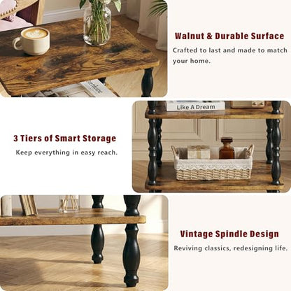 Side Table, 3-Tier Small End Table, Modern Oval Night Stand Accent Table for Living Room, Bedroom, Rustic Brown