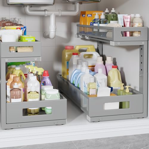 2 Pack 19IN Depth Under Sink Storage Organizer, Large 2-Tier Elegant Mesh Pull Out Shelf for Kitchen and Bathroom Cabinet Organization, L-Shaped and Adjustable Height Design-Gun Gray - color: Gun Gray, size: 2 Pack-19"Dx11.4"-16.14"H