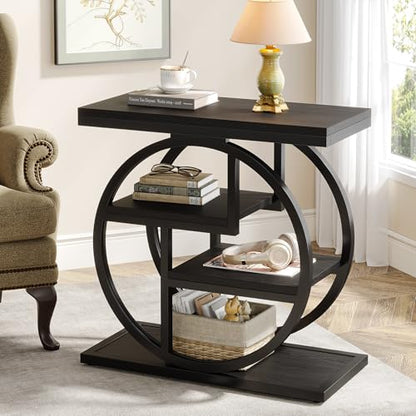 Tribesigns Black End Table for Living Room, 4-Tier Narrow Side Table with Storage Shelves, Modern Bedside Table for Bedroom, Wood Small Sofa Side Table with Geometric Metal Frame (1 PC, Black) - color: Black