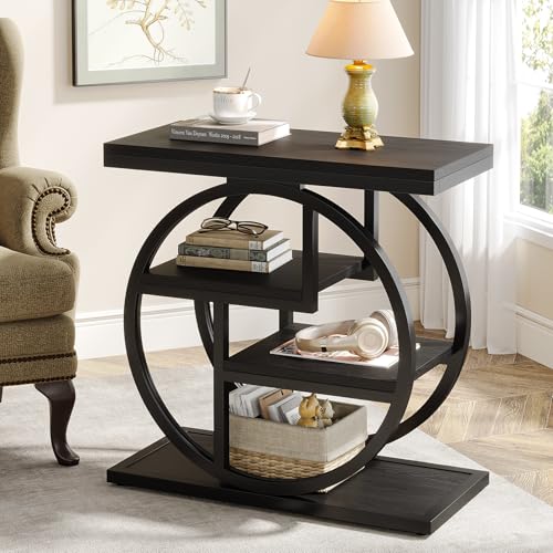 Tribesigns Black End Table for Living Room, 4-Tier Narrow Side Table with Storage Shelves, Modern Bedside Table for Bedroom, Wood Small Sofa Side Table with Geometric Metal Frame (1 PC, Black) - color: Black