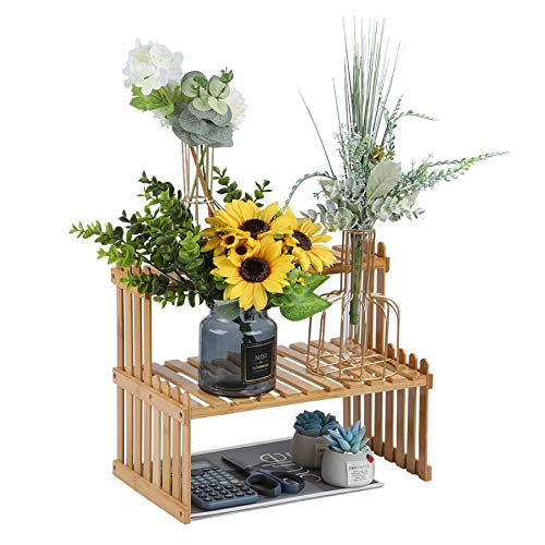 GURECOD 14.6"/18.5" 2 Tiers Bamboo Plant Stand Shelf,Desk Flower Pot Holder,Adjustable Desktop Shelf Display Organizer Ladder Rack for Office Decorate Storage Rack,Kitchen Rack (14.6" Length) - size: 14.6" Length