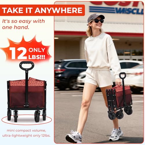 Compact Foldable Tailgate Wagon Cart with Wheels, 12 lb Lightweight Small Folding Utility Wagon for Garden, Grocery, Beach, Camping - Portable Cart (Red) - color: Brick Dot