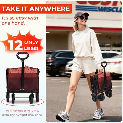 Compact Foldable Tailgate Wagon Cart with Wheels, 12 lb Lightweight Small Folding Utility Wagon for Garden, Grocery, Beach, Camping - Portable Cart (Red) - color: Brick Dot