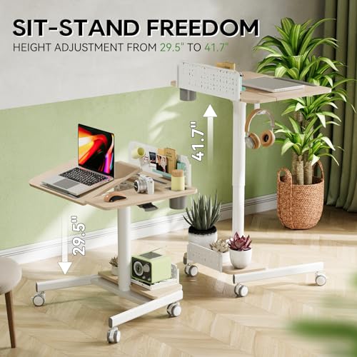 JOY worker Rolling Standing Desk, Mobile Tilt Adjustable Laptop Desk, Oak | 28" Partial 60° Foldable MDF Board, Height Adjustable, DIY Pegboard & Storage Base, 4 Lockable Casters, Home Office Classroom - color: Oak