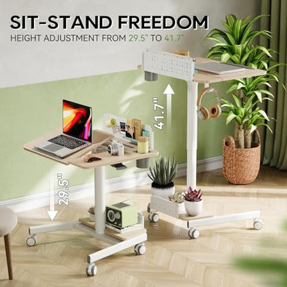 JOY worker Rolling Standing Desk, Mobile Tilt Adjustable Laptop Desk, Oak | 28" Partial 60° Foldable MDF Board, Height Adjustable, DIY Pegboard & Storage Base, 4 Lockable Casters, Home Office Classroom - color: Oak