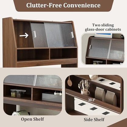 Spaco 2-in-1 Folding Dining Table and Buffet Cabinet Set,Compact Pull-Out Kitchen Table with Wheels,Storage Shelf and Side Hooks,Multifunctional Cupboard for Small Place (Walnut) - color: Walnut