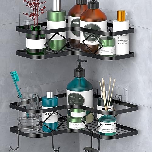 Large Corner Shower Caddy, 2 Pack Adhesive Bathroom Shower Organizer Shelves, No Drilling Rustproof Wall Mounted Shower Storage Basket Shampoo Holder Organizer (Black) - color: Black