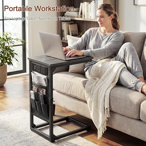 AMHANCIBLE C Shaped End Table with Charging Station, Couch Side Tables that Slide Under Sofa with Storage Bag, Slim TV Tray with USB Ports for Living Room, Bedroom, Dark Grey HET04CDG - color: Dark Grey