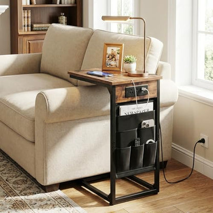 AMHANCIBLE C Shaped End Table with Charging Station, Couch Side Tables that Slide Under Sofa with Storage Bag, Slim TV Tray with USB Ports for Living Room, Bedroom, Rustic Brown HET04CBR - color: Rustic Brown