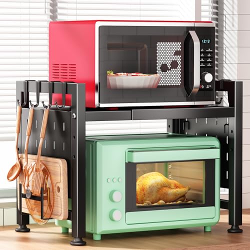 Kitstorack Adjustable Microwave Oven Rack,Microwave Stand Shelf Heavy Duty 2-Tier Shelf with Cutting Boards Stand for Kitchen Shelves Counter Top Organizer, Holds 120lbs,9 Hooks - style: 2 Tier-Black