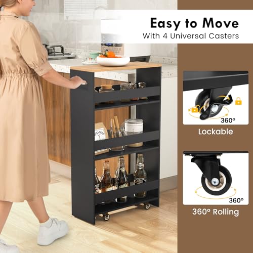 LOKO 4-Tier Rolling Storage Cart, 8 Inches Slim Kitchen Cart on Wheels with Open Shelves & Handle, Laundry Room Cart Between Washer and Dryer, for Bathroom Next to Fridge (Black & Natural) - color: Black & Natural