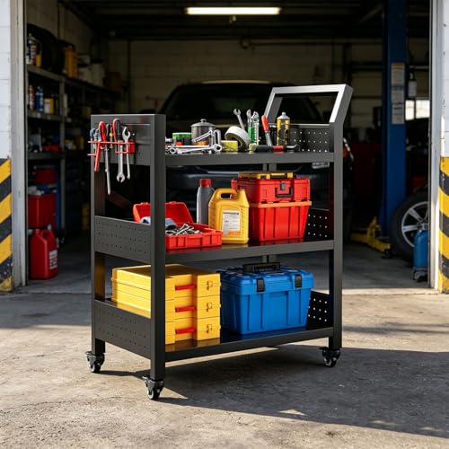 3 Tier Rolling Tool Cart, Heavy Duty Metal Service Cart with Standard Handle and Pegboards, 660 LBS Load Capacity Tool Utility Cart, Industrial Utility for Garage, Warehouse, Workshop - size: 13.8"D x 24.4"W x 30.3"H