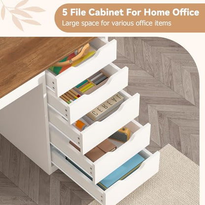 YOMILUVE 47 Inch Computer Desk with 5 Drawers and Power Outlets, Home Office Desks with Storage File Cabinet, Modern Simple Laptop Desk Writing Table for Small Spaces, Brown and White - color: Brown and White