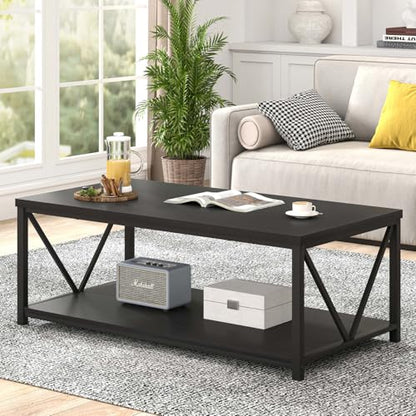 EXCEFUR Black Coffee Table, Modern Wood and Metal Living Room Table with Storage Shelf, 47 Inch - color: Black, size: 47 inch