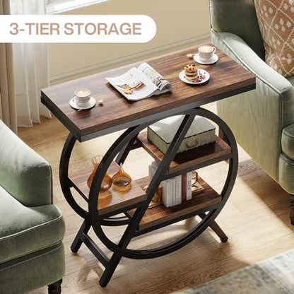Tribesigns End Table for Living Room, 3-Tier Narrow Side Table with Storage, Wood Sofa Side Table with Geometric Metal Frame, Industrial Nightstand and Bedside Table for Bedroom - color: Rustic Brown