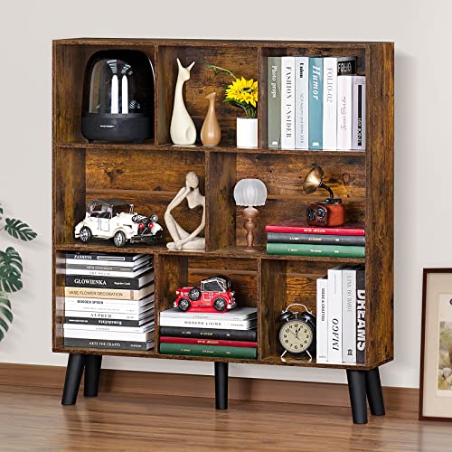 LEYAOYAO 8 Cube Bookshelf, Mid-Century Modern Book Shelf with Legs, Brown | 3 Tier Bookcase, Rustic Wood Bookshelves Freestanding Large Storage Organizer, Open Shelves for Bedroom, Living Room, Office - color: Brown, size: 8 Cube with Legs