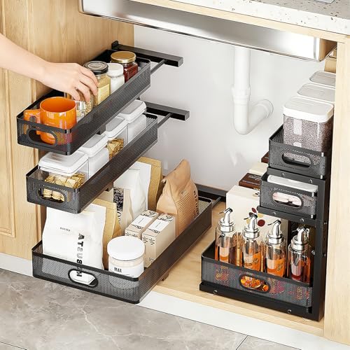 Under Sink Organizer,3-Tier Thickened Metal Pull out Cabinet OrganizerShelf | Height Adjustable Slide out Storage Drawer Rack for under sink organizer bathroom Kitchen,Laundry Room & Pantry - color: black 3-tier Under Sink Organizer-1p