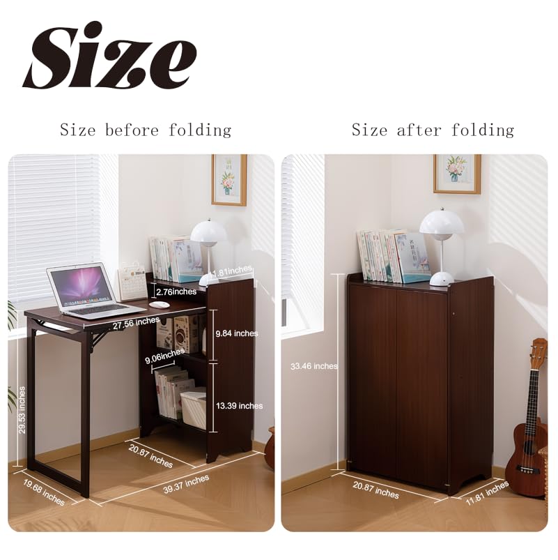Folding Out Desk with Storage, Expandable Hidden Desk, Space-Saving Pull Out Murphy Table, Writing Table with Shelves and Mobile Wheels for Home Office, Bedroom Dorm Room Small Spaces (Walnut) - color: Walnut