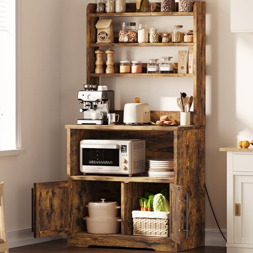 IDEALHOUSE Bakers Rack With Storage Cabinet, Microwave Stand With Power Outlets, Farmhouse Bakers Rack With Thick Table Top, Small Kitchen Pantry Hutch Bakers Rack for Kitchen, Dining Room,Retro Brown - color: Retro Brown, size: with 2 Wood Door