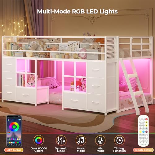 BTHFST Low Bunk Bed Twin Over Twin with 8 Fabric Drawers & Bookshelf, Twin Bunk Beds with RGB LED Lights, Windows, Metal Bunk Beds for Kids with Slanted Ladder & Safety Guardrails, Space Saving, White