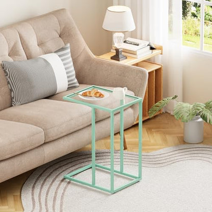 Easy Paws C Shaped Table,Glass Side End Table for Sofa,Tempered Glass Snack Couch Dinner Tv Tray Table with Metal Frame,Small Bedside Nightstand Table for Small Space(Green) - color: Green