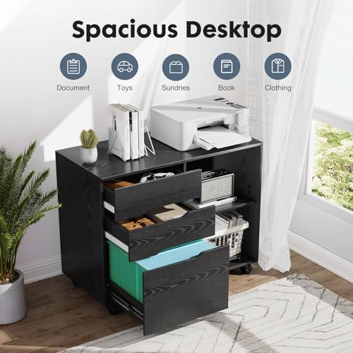 DUMOS Wood File Cabinet with 3 Drawers, Rolling Printer Stand | Under Desk Storage Organizer Home Office Space with Shelves for Files and Office Supplies, Rust - color: Classic Black