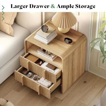 AMERLIFE Fluted Night Stand with Storage Drawers, Modern Small Nightstand & Bedside Table with Open Shelf, Curved Profile Design & Pine Handles, Wood End Table for Bedroom, Oak - color: Oak