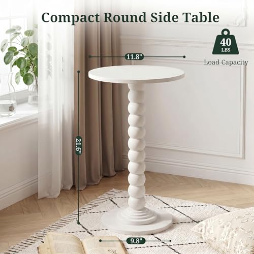 Round Side Table for Small Spaces, Modern Pedestal End Table with Solid Wood Spindle Leg, Small Drink Table Accent Nightstand for Living Room, Bedroom, Sofa Side, Apartment & Office, White - color: White