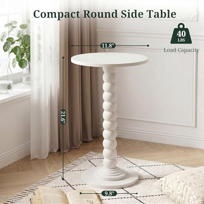 Round Side Table for Small Spaces, Modern Pedestal End Table with Solid Wood Spindle Leg, Small Drink Table Accent Nightstand for Living Room, Bedroom, Sofa Side, Apartment & Office, White - color: White