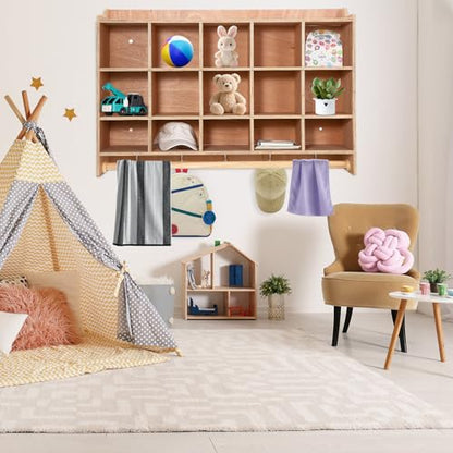 IDEALHOUSE Wall Mount Cubby Storage Organizer,15 Cubbies with Shoe Shelf Hooks 47Inch Width Daycare Shelves for Toys, Classroom Furniture, Kids Room Organization
