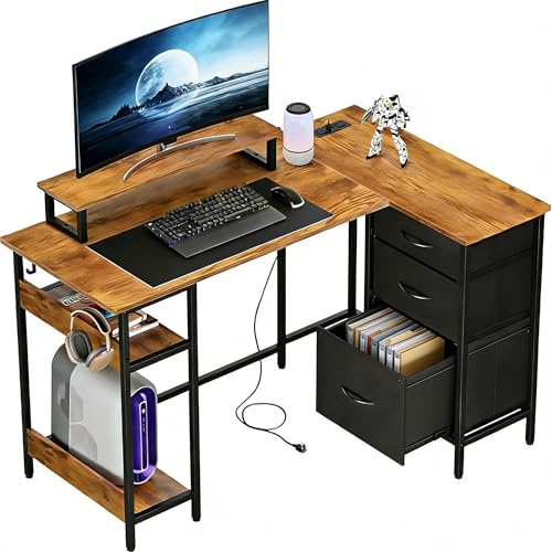 DEVAISE 48 Inch L Shaped Gaming Desk with Drawers and Storage, Corner Desk with LED Lights, Power Outlets, Computer Desk with Monitor Stand, Office Desk for Home, Rustic Brown - color: Rustic Brown, size: 48 Inch