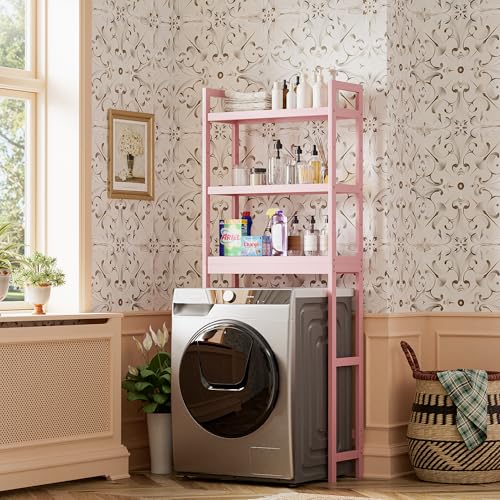 SMIBUY Bathroom Storage Shelf, Bamboo Over-The-Toilet Organizer Rack, Freestanding Toilet Space Saver with 3-Tier Adjustable Shelves (Pink) - color: Pink