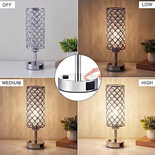 Hong-in Crystal Lamp Touch Control Set of 2, Sliver Crystal Table Lamps with USB C+A Ports & AC Outlet, 3-Way Dimmable Nightstand Touch Lamp, Modern Bedside Table Lamp for Bedroom(Bulbs Included) - color: A-Silver