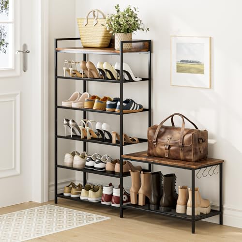 Shoe Rack Bench Storage Organizer for entryway,6-Tier Industrial Free Standing Shoe and Boot Racks with Seat,Entrance Shoe Rack Organizer Shelves for High Heels,Hallways, Closets,Brown,48.7in - size: 6 Tier-brown