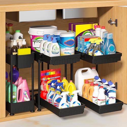 Sevenblue 3-Pack 2-Tier Under Sink Organizers with Sliding Drawers | Multi-use kitchen & bathroom storage, 14.8 inch 2-Tier Sliding cabinet organizer, space-saving sliding drawer design. - color: Black 2-Tier Sliding, size: 14.8 Inch