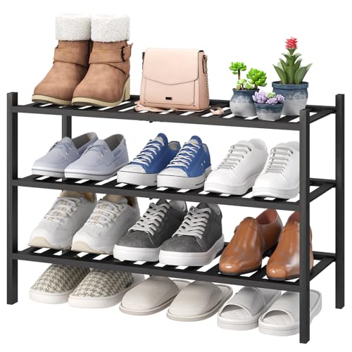 viewcare 3-Tier Black Bamboo Shoe Rack for Entryway, Stackable | Foldable | Natural, Shoe Shelf Storage Organizer for Hallway Closet, Free Standing Shoe Racks for Indoor Outdoor - color: Black, size: 3-Tier