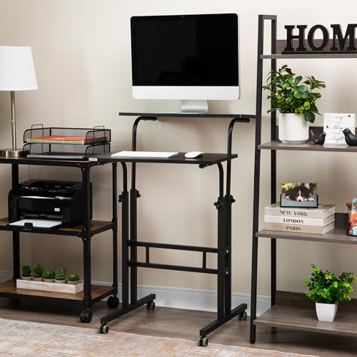 Mind Reader Standing Desk, Adjustable Height Laptop Workstation, Portable Rolling Desk on Wheels, Two-Tier Metal Frame, Black - color: Black
