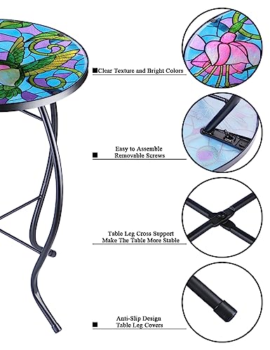 VCUTEKA Mosaic Patio Side Table Outdoor Accent Table Bistro Coffee Table Plant End Table Small Porch Table Indoor Round Glass Balcony Hummingbird Plant Table Stands - color: Hummingbird