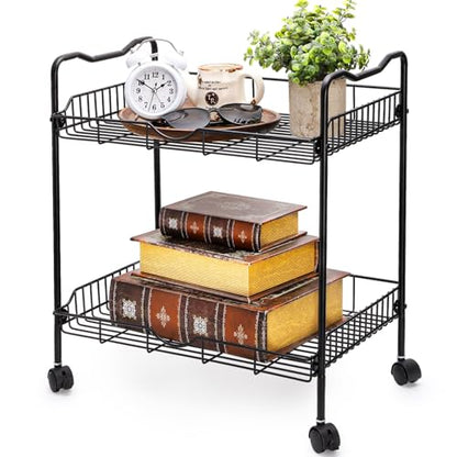 Cididu Rolling Utility Cart for Small Space, 2 Tier Rolling Cart with Locking Wheels, Metal Kitchen Cart Trolley, Rolling Organizer Cart Storage Shelf with Handle for Home Bedside Bathroom Office